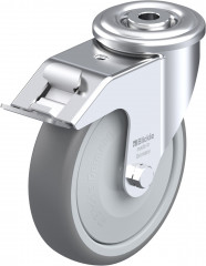 Roulette pivotante caoutchouc thermoplastique avec trou central et blocage “stop-fix”