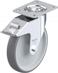 Roulette pivotante caoutchouc thermoplastique avec platine à visser et blocage « stop-fix »