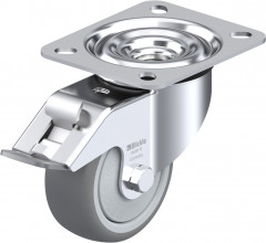 Roulette pivotante caoutchouc thermoplastique avec platine à visser et blocage « stop-fix »