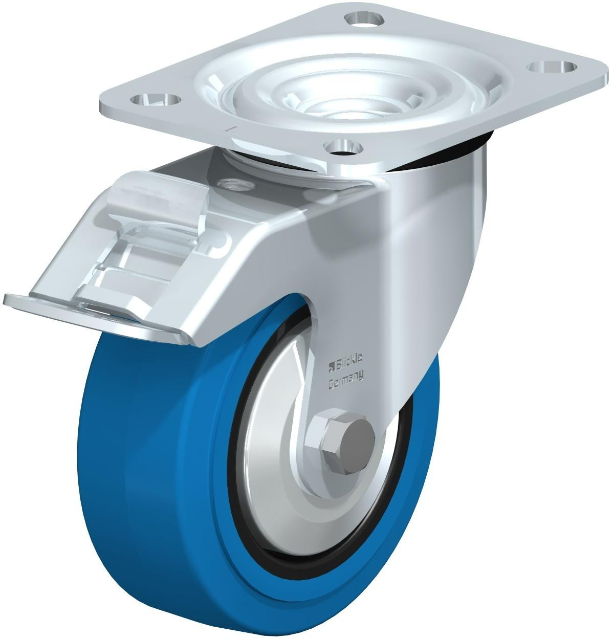 Roulette pivotante en tôle d’acier, version mi-lourde, avec platine à visser et blocage “stop-fix”