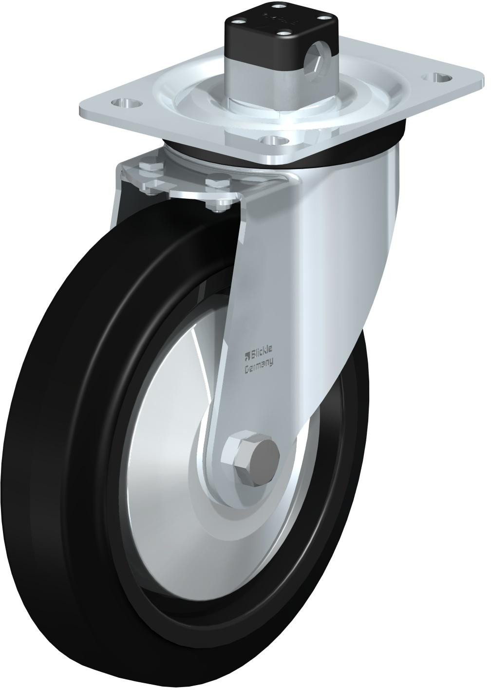 Roulette pivotante en tôle d’acier, version mi-lourde, avec platine à visser et blocage centralisé “central-stop”