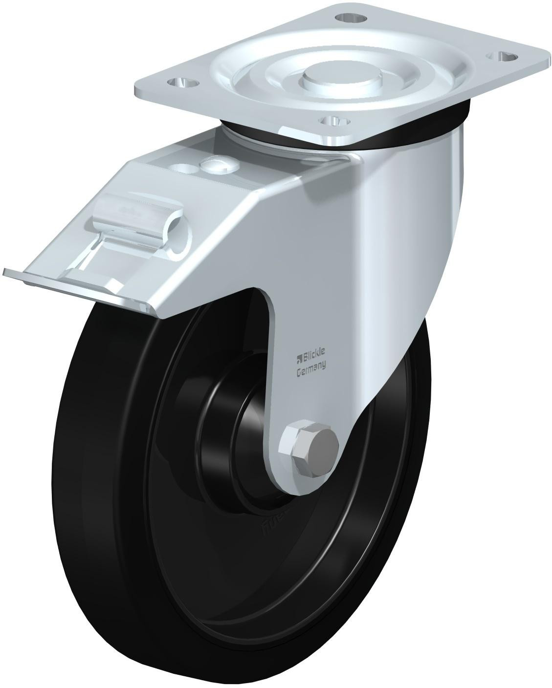 Roulette pivotante en tôle d’acier, version mi-lourde, avec platine à visser et blocage “stop-fix”