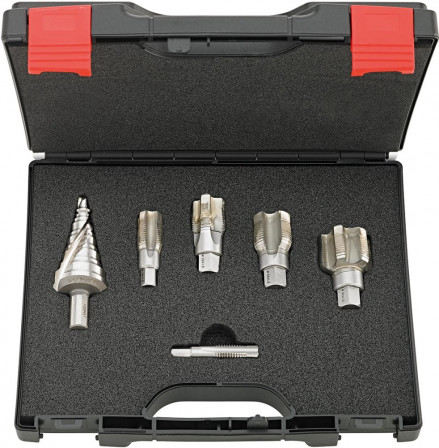 Jeu tarauds ébaucheur/finisseur M12 à M32 x1,5 avec foret étagé 7-32,5mm 